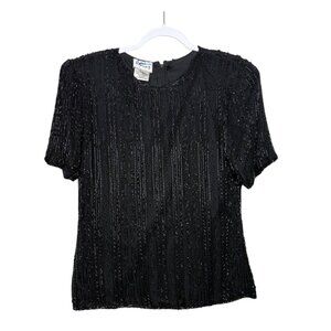Vintage Stenay Beaded Short Sleeve Blouse Women M Lined Classic 100% Silk